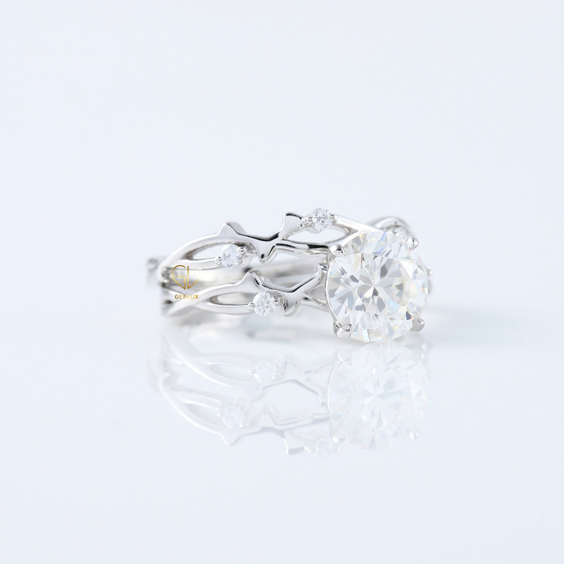 Twig Ring Set, IGI Certified Round Cut Lab Grown Diamond Ring With Matching Eternity Band