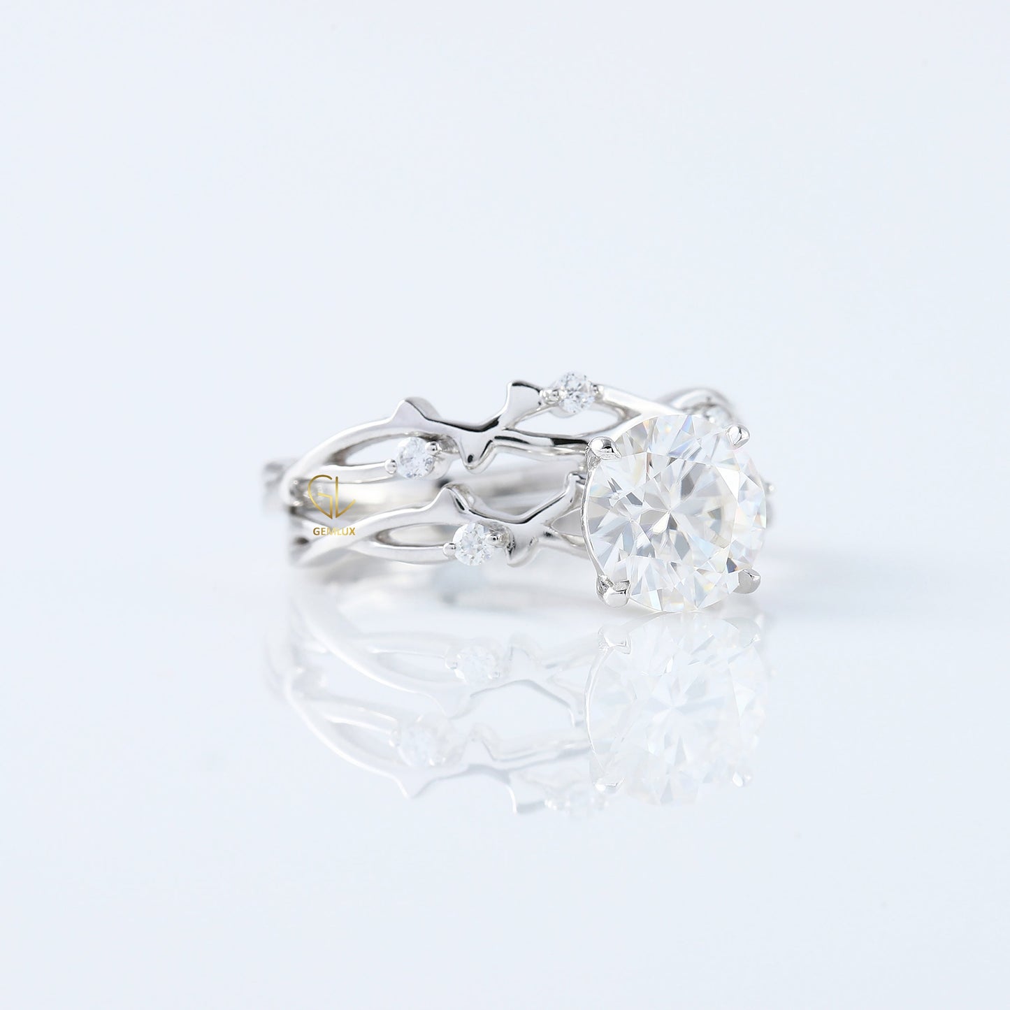 Twig Ring Set, IGI Certified Round Cut Lab Grown Diamond Ring With Matching Eternity Band