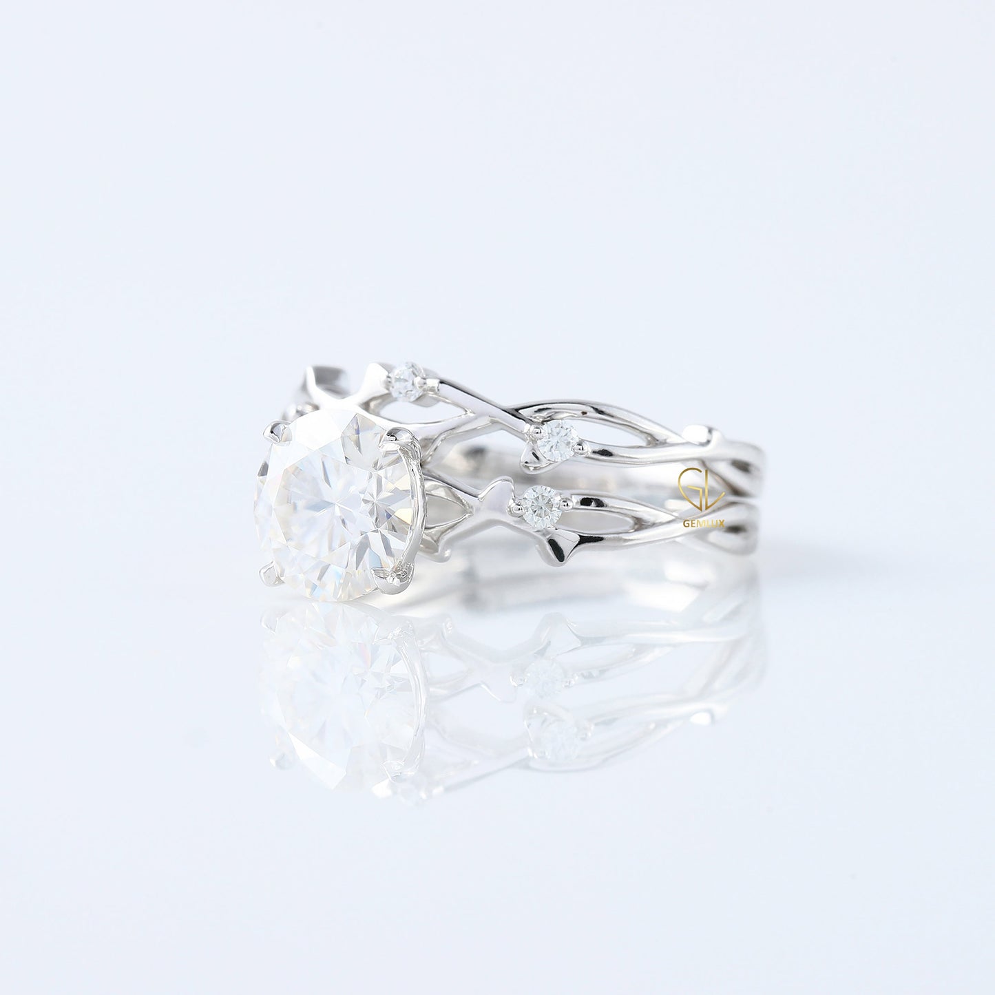 Twig Ring Set, IGI Certified Round Cut Lab Grown Diamond Ring With Matching Eternity Band