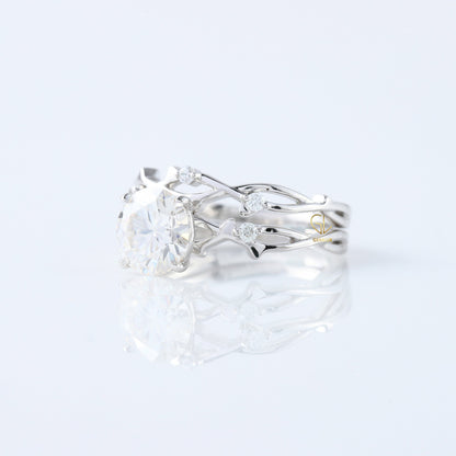 Twig Ring Set, IGI Certified Round Cut Lab Grown Diamond Ring With Matching Eternity Band