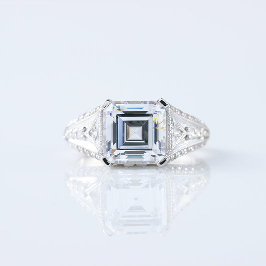 Vintage Art Deco Asscher Cut Moissanite Diamond Engagement Ring