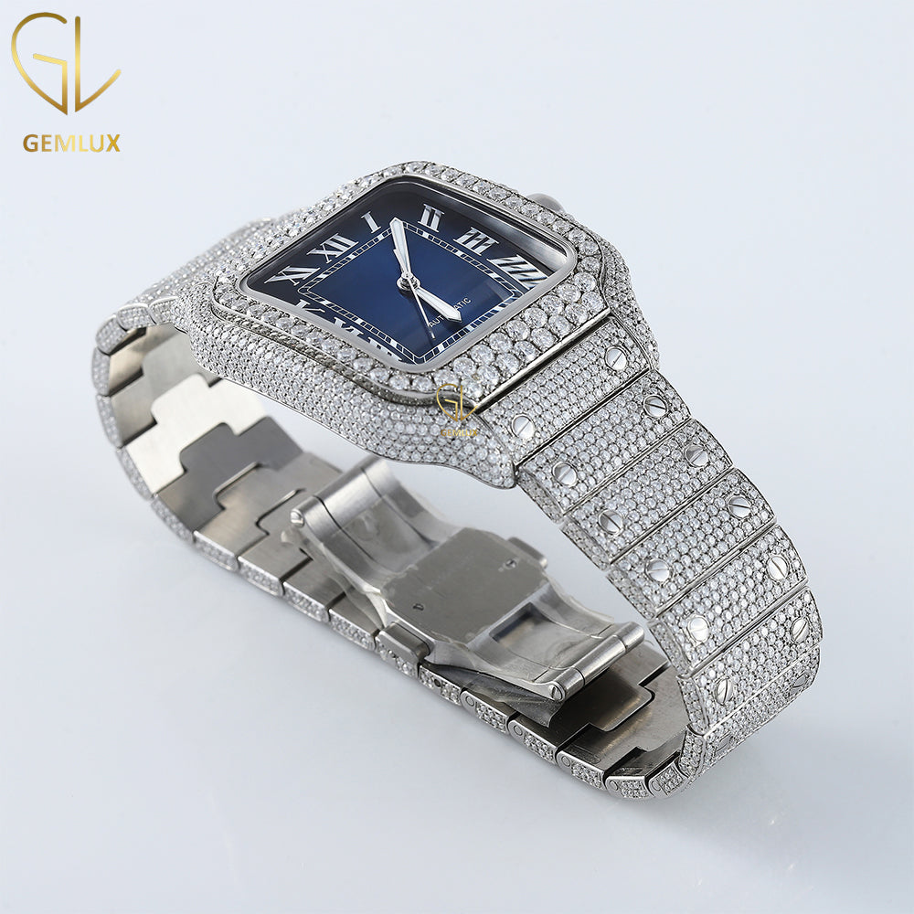 D VVS Moissanite Roman Number Blue Dial Swiss Made Wrist Watch