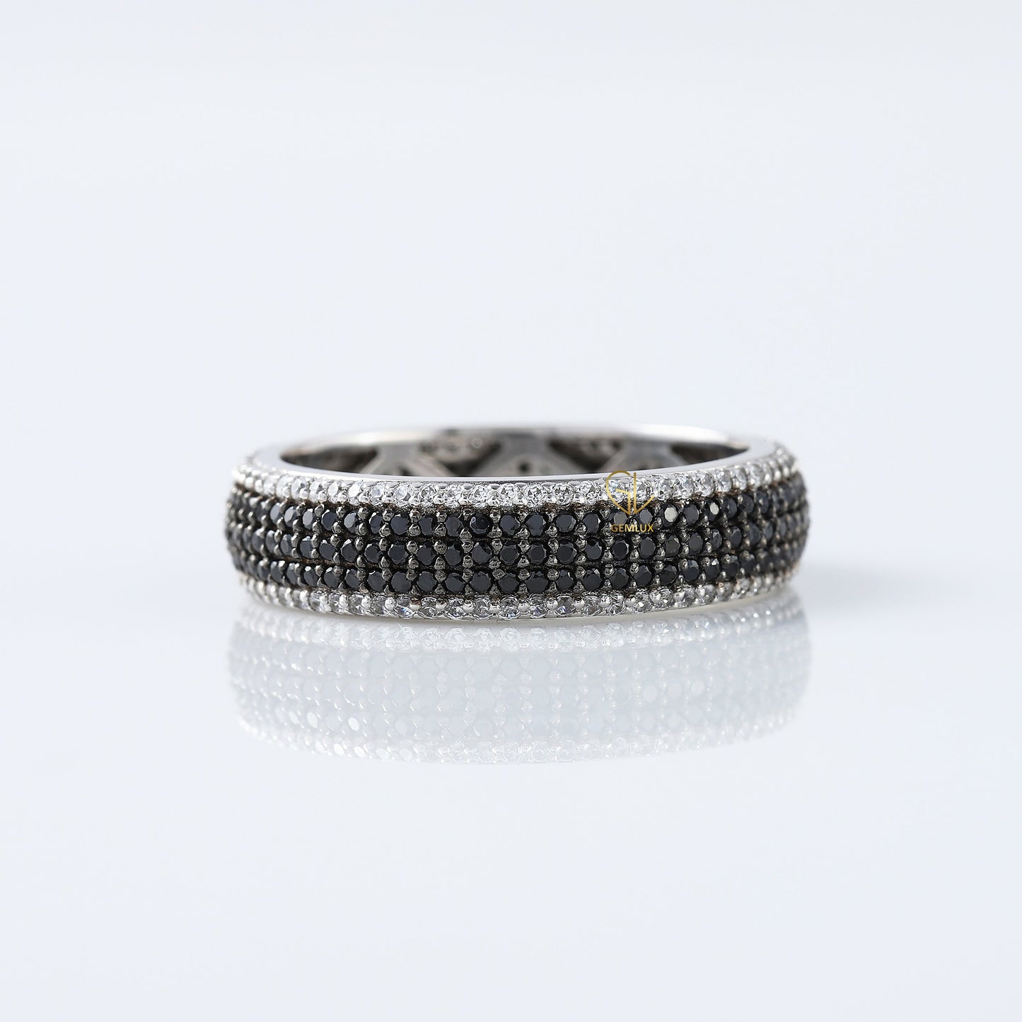 Black & White Round Cut Moissanite Diamond Eternity Wedding Band, Day & Night Band 