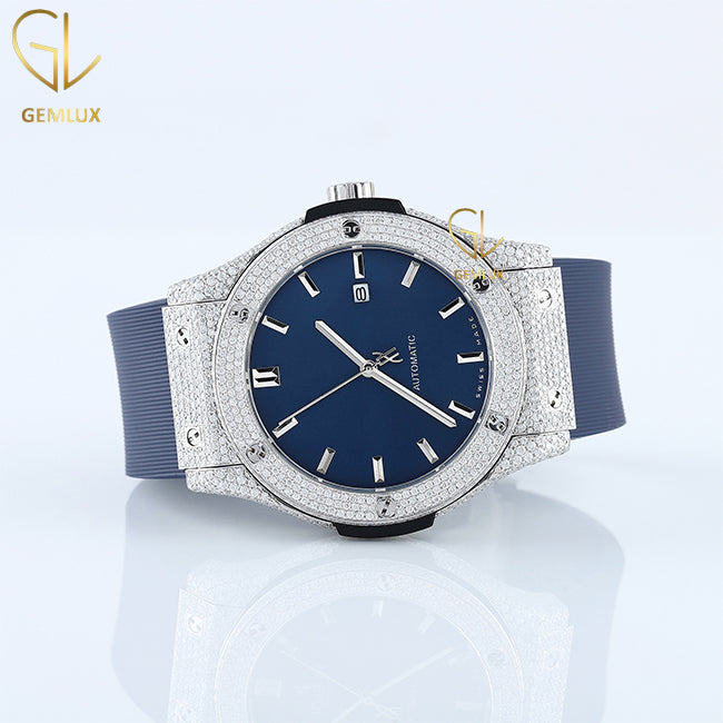 Automatic Movement Moissanite Blue Dial Rubber Strap Hip Hop Watch