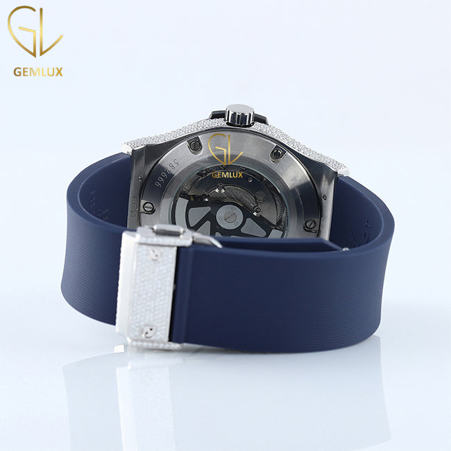 Automatic Movement Moissanite Blue Dial Rubber Strap Hip Hop Watch