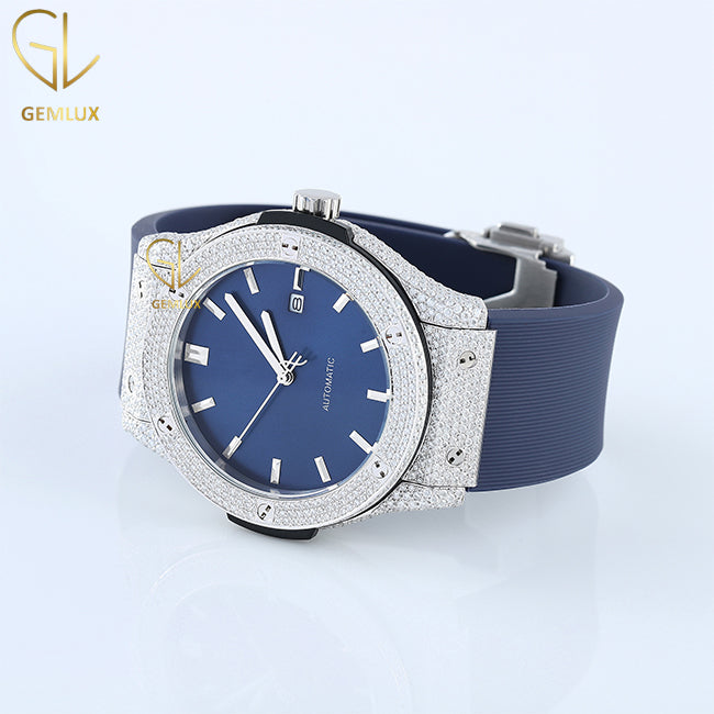 Automatic Movement Moissanite Blue Dial Rubber Strap Hip Hop Watch