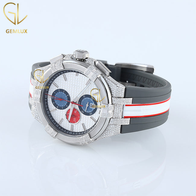 Chronograph Moissanite Diamond Leather Strap Hip Hop Watch For Men