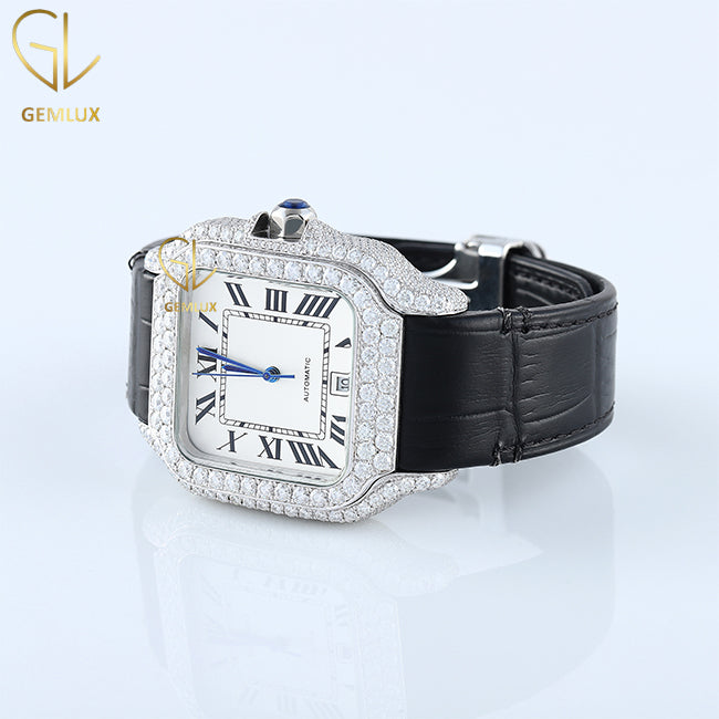 VVS Moissanite Diamond Case Black Leather Strap Hip Hop Watch