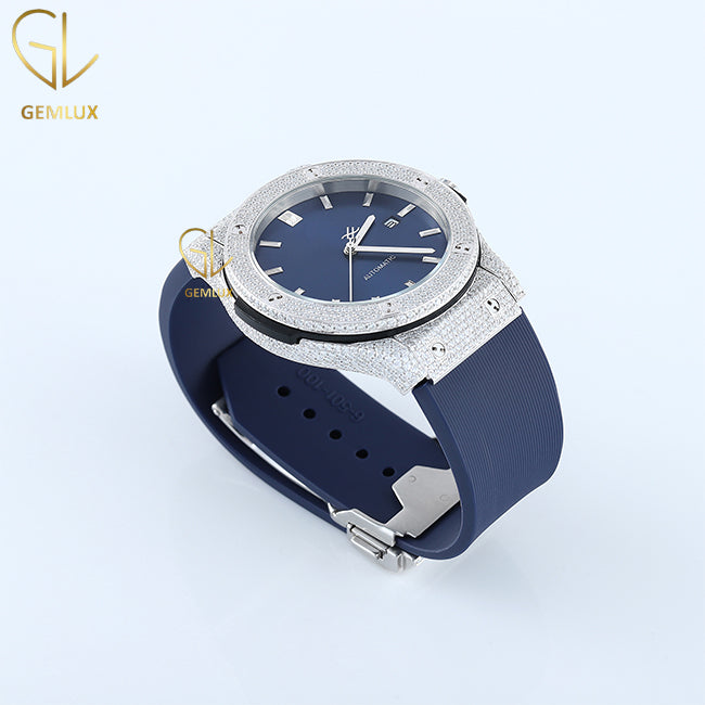 Automatic Movement Moissanite Blue Dial Rubber Strap Hip Hop Watch