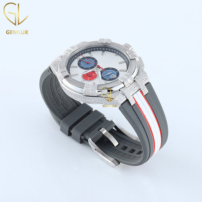 Chronograph Moissanite Diamond Leather Strap Hip Hop Watch For Men