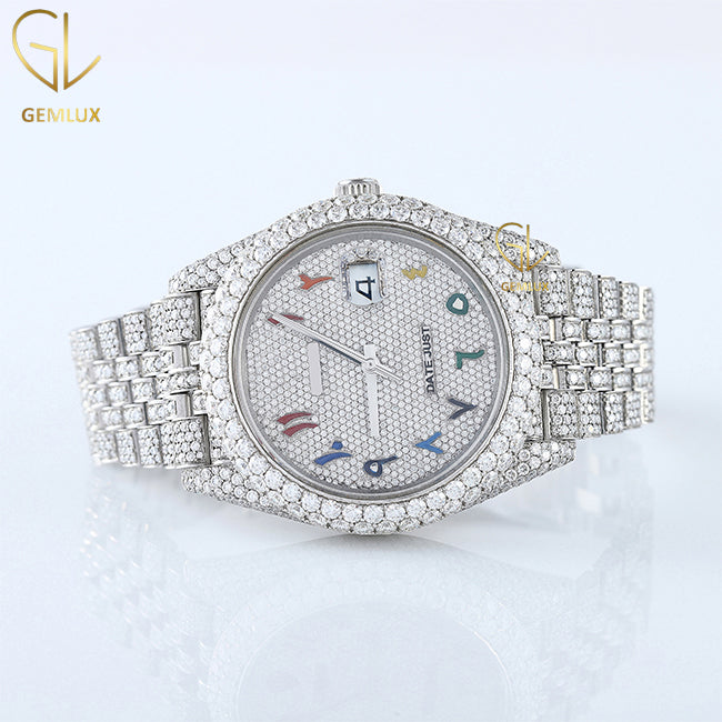 Iced Out Arabic Number Dial Date Just Moissanite Diamond Watch