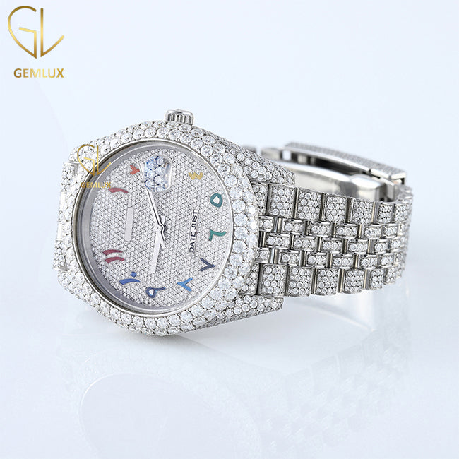 Iced Out Arabic Number Dial Date Just Moissanite Diamond Watch