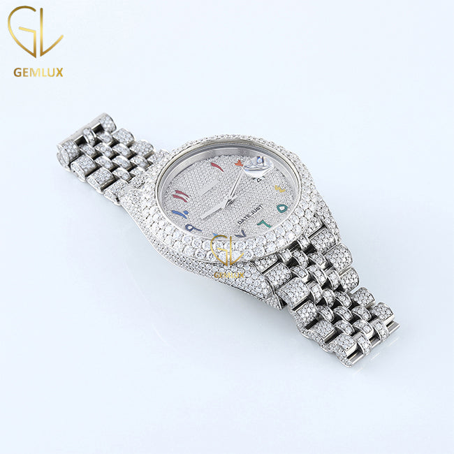 Iced Out Arabic Number Dial Date Just Moissanite Diamond Watch