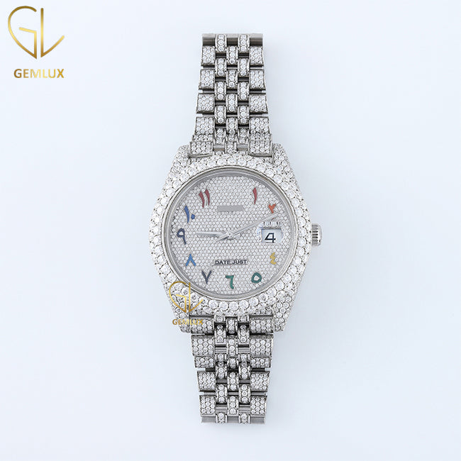 Iced Out Arabic Number Dial Date Just Moissanite Diamond Watch