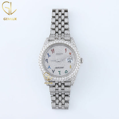 Iced Out Arabic Number Dial Date Just Moissanite Diamond Watch