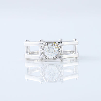 IGI Certified Round Cut Lab Grown Diamond Hexagonal Rivet Solitaire Men's Engagement Ring