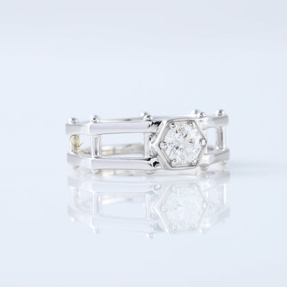 IGI Certified Round Cut Lab Grown Diamond Hexagonal Rivet Solitaire Men's Engagement Ring