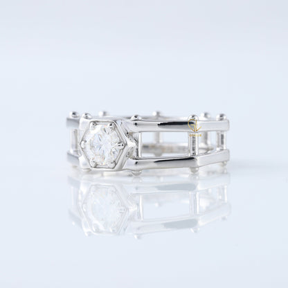 Round Cut Moissanite Diamond Hexagonal Rivet Solitaire Men's Engagement Ring