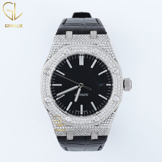 Automatic Movement Moissanite Diamond Leather Strap Watch 