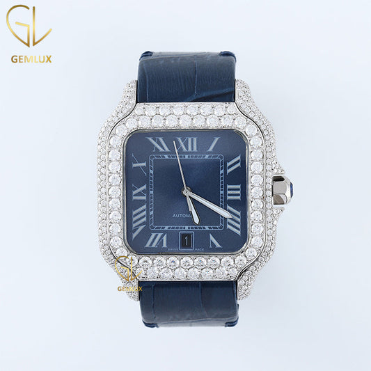 Automatic Movement Moissanite Diamond Square Dial Leather Strap Watch