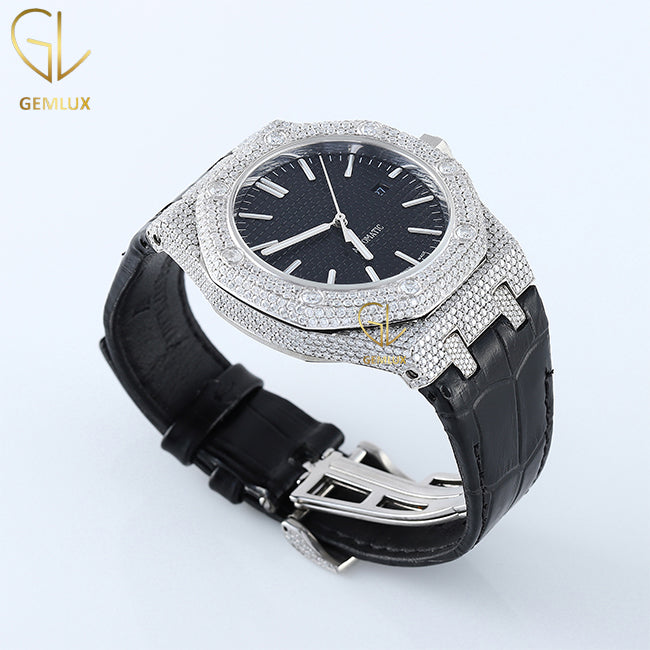 Automatic Movement Moissanite Diamond Leather Strap Watch 