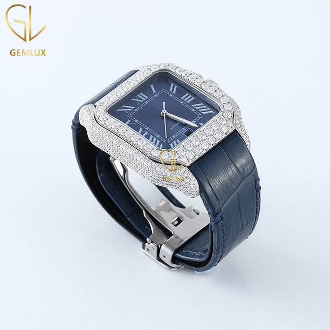 Automatic Movement Moissanite Diamond Square Dial Leather Strap Watch