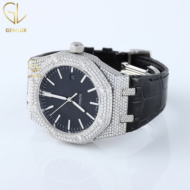 Automatic Movement Moissanite Diamond Leather Strap Watch 