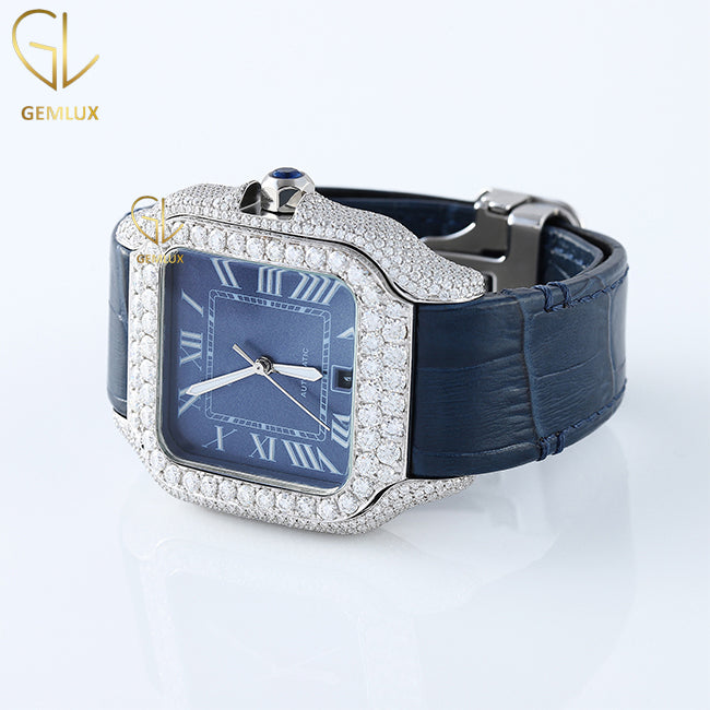 Automatic Movement Moissanite Diamond Square Dial Leather Strap Watch