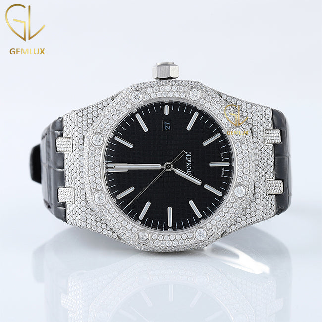 Automatic Movement Moissanite Diamond Leather Strap Watch 