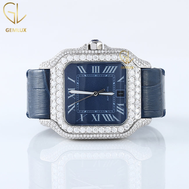 Automatic Movement Moissanite Diamond Square Dial Leather Strap Watch