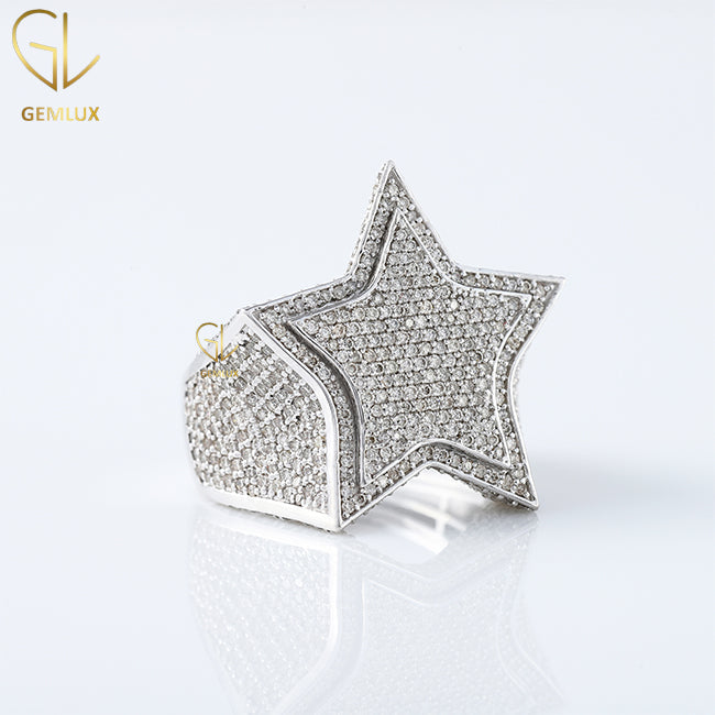 VVS Moissanite Iced Out Star Ring, Solid Gold Hiphop Star Ring For Men