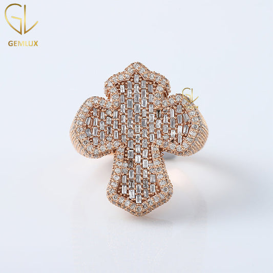 Iced Out Baguette Cut Moissanite Cross Ring, Rose Gold Cross Hiphop Ring For Men