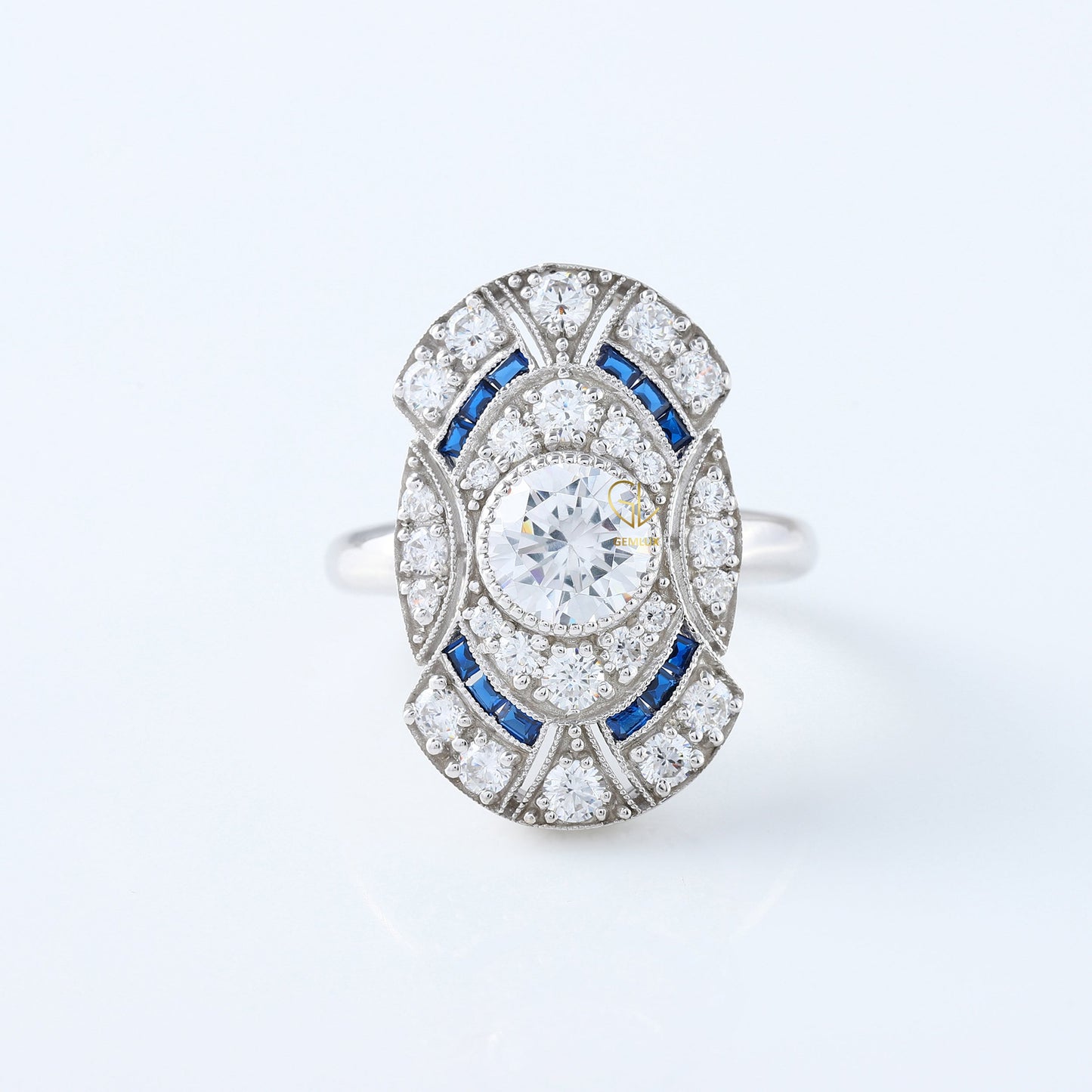 Art Deco Round Cut Moissanite Bezel Set Engagement Ring