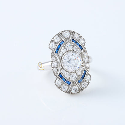 Art Deco Round Cut Moissanite Bezel Set Engagement Ring