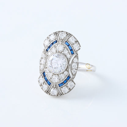 Art Deco Round Cut Moissanite Bezel Set Engagement Ring