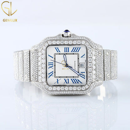 Iced Out VVS Moissanite Diamond Square Dial Date Just Hip Hop Watch