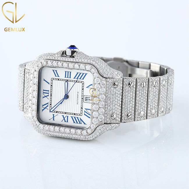 Iced Out VVS Moissanite Diamond Square Dial Date Just Hip Hop Watch