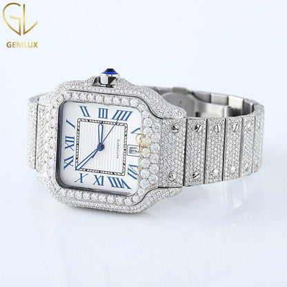 Iced Out VVS Moissanite Diamond Square Dial Date Just Hip Hop Watch