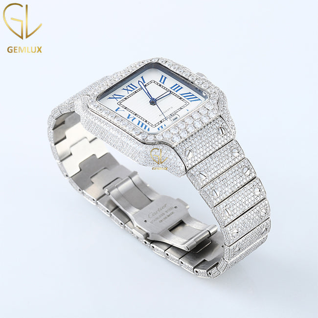 Iced Out VVS Moissanite Diamond Square Dial Date Just Hip Hop Watch