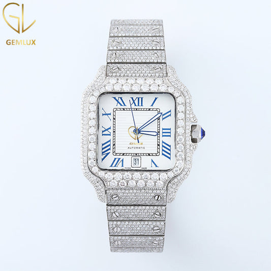 Iced Out VVS Moissanite Diamond Square Dial Date Just Hip Hop Watch