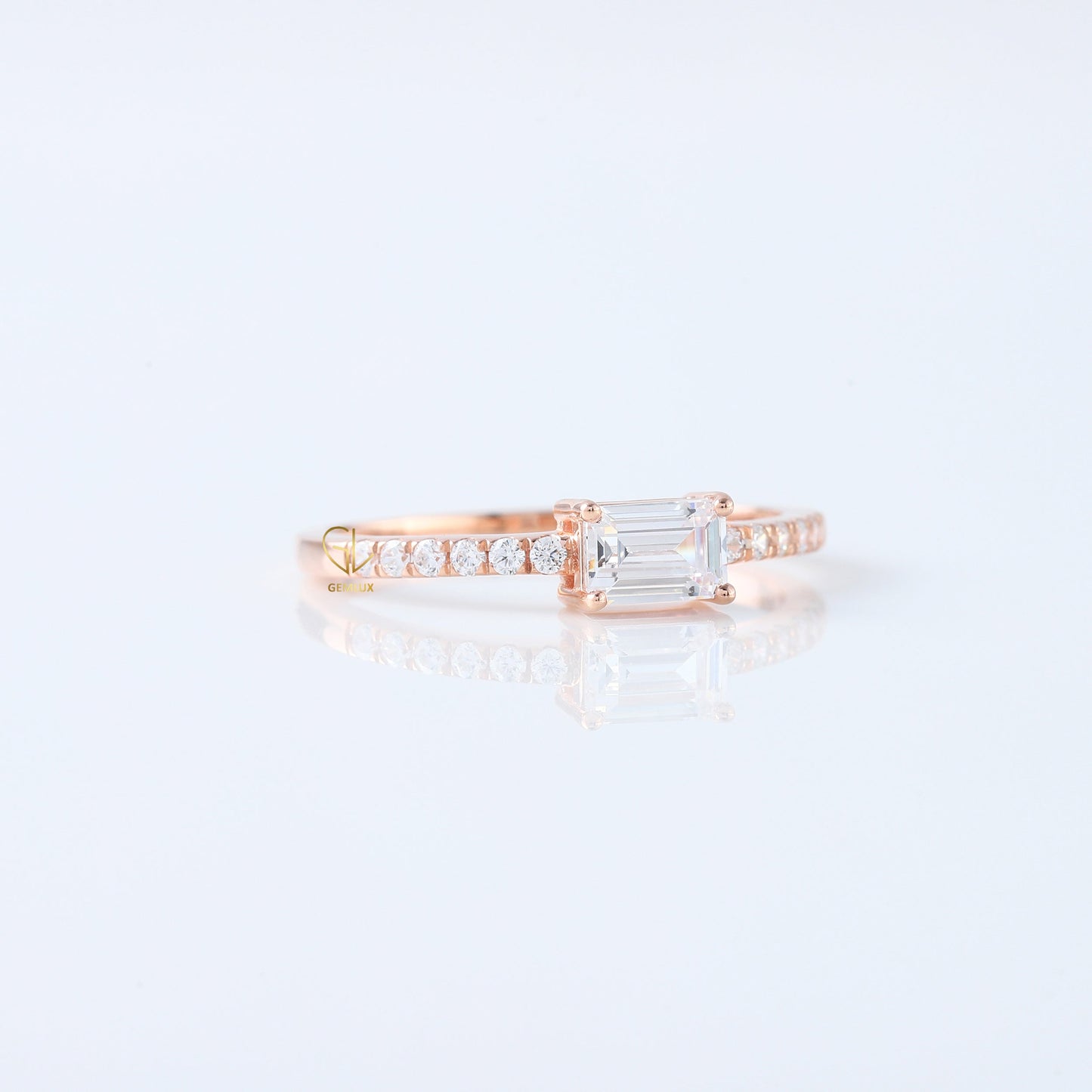 East to West Emerald Cut Moissanite Diamond Ring