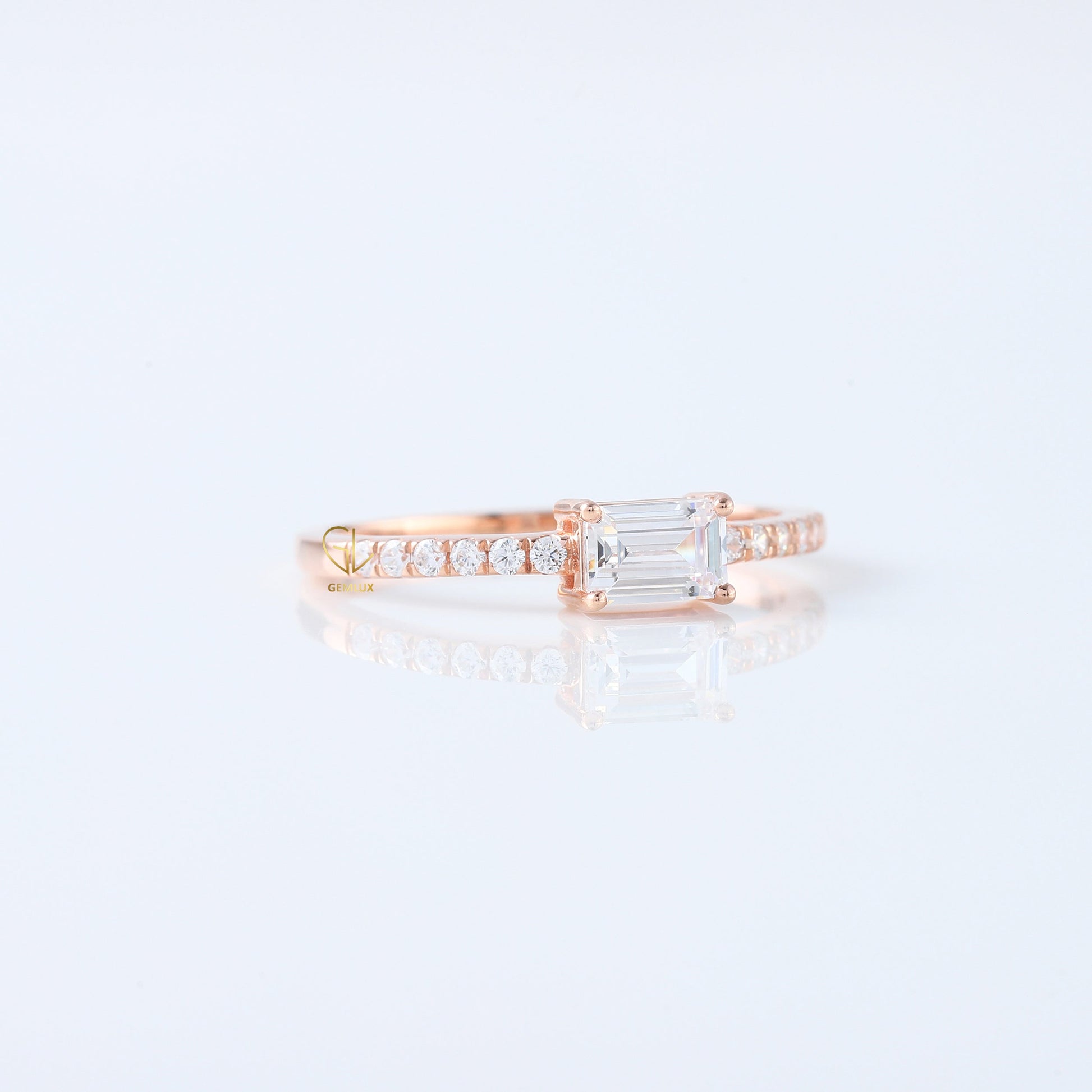 East to West Emerald Cut Moissanite Diamond Ring