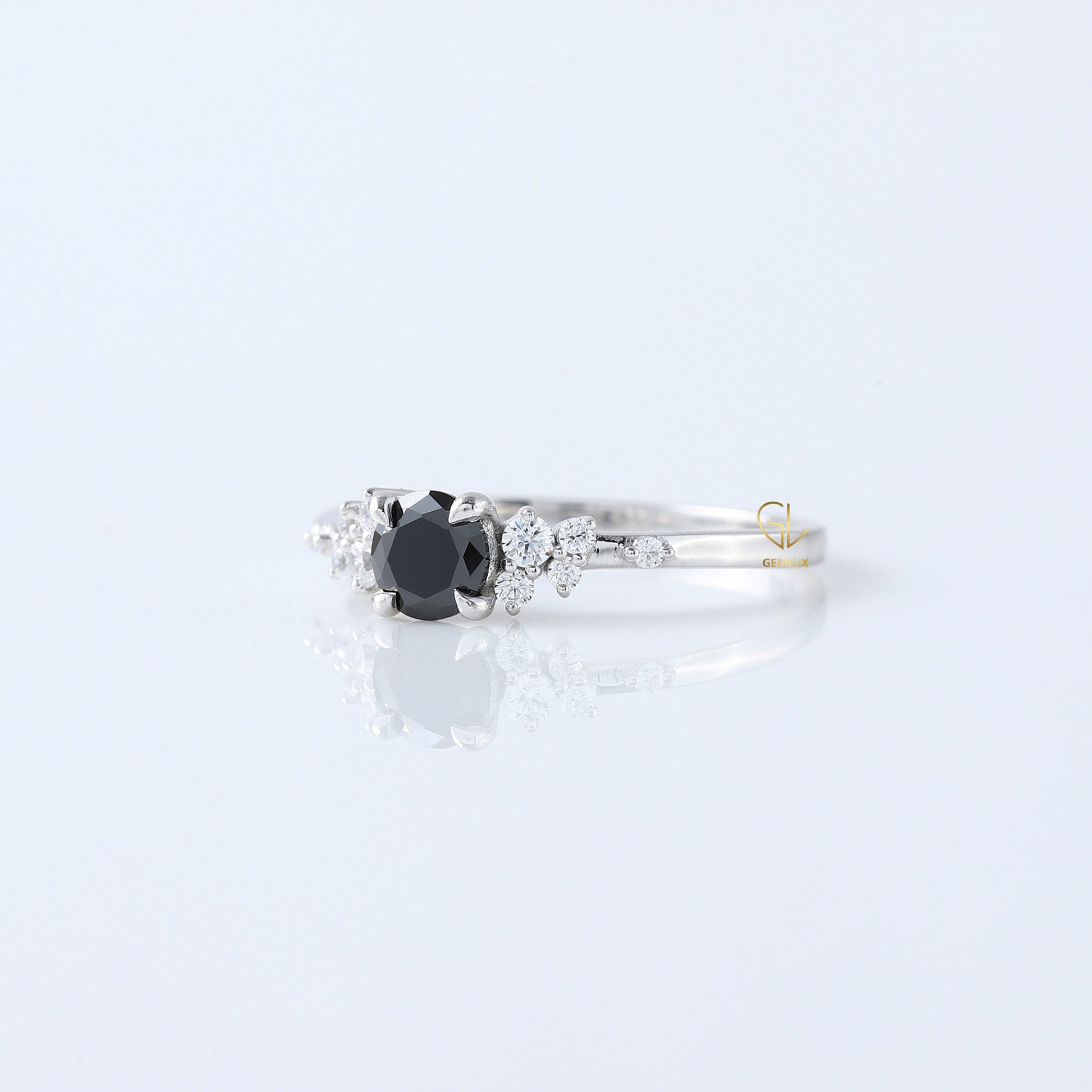 Round Cut Black Moissanite Diamond Engagement Ring