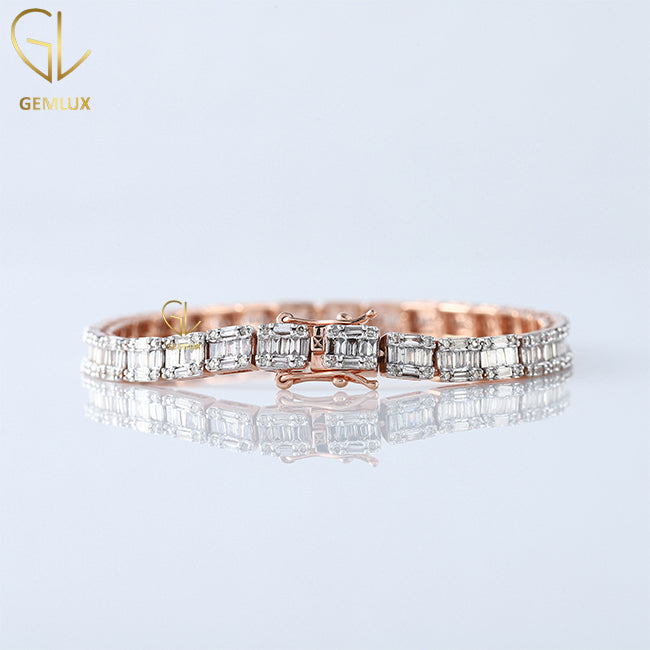 Rose Gold Plated Baguette Cut Moissanite Tennis Bracelet