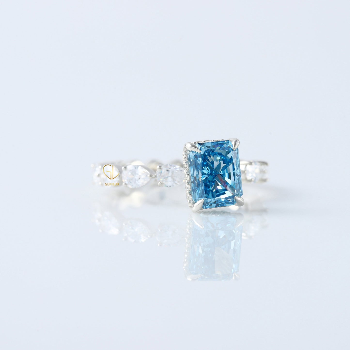 Blue Radiant Cut Lab Grown Diamond Solitaire With Accent Engagement Ring