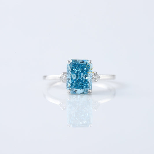 Blue Radiant Cut Lab Grown Diamond Three Stone Engagement Ring