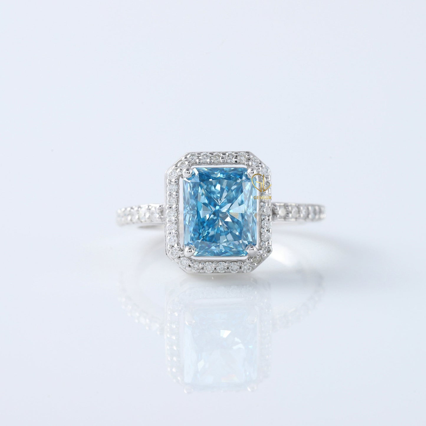 Blue Radiant Cut Lab Grown Diamond Halo Engagement Ring