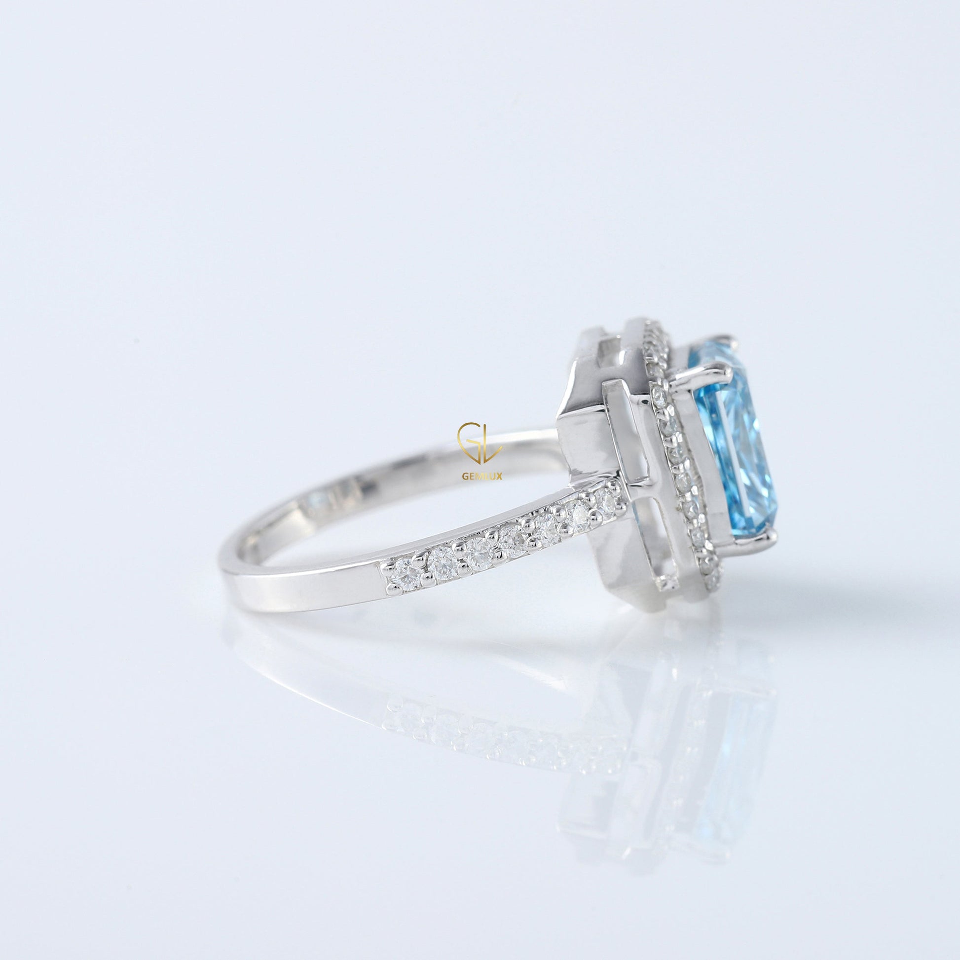 Blue Radiant Cut Lab Grown Diamond Halo Engagement Ring