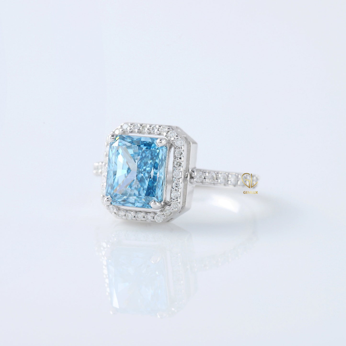 Blue Radiant Cut Lab Grown Diamond Halo Engagement Ring