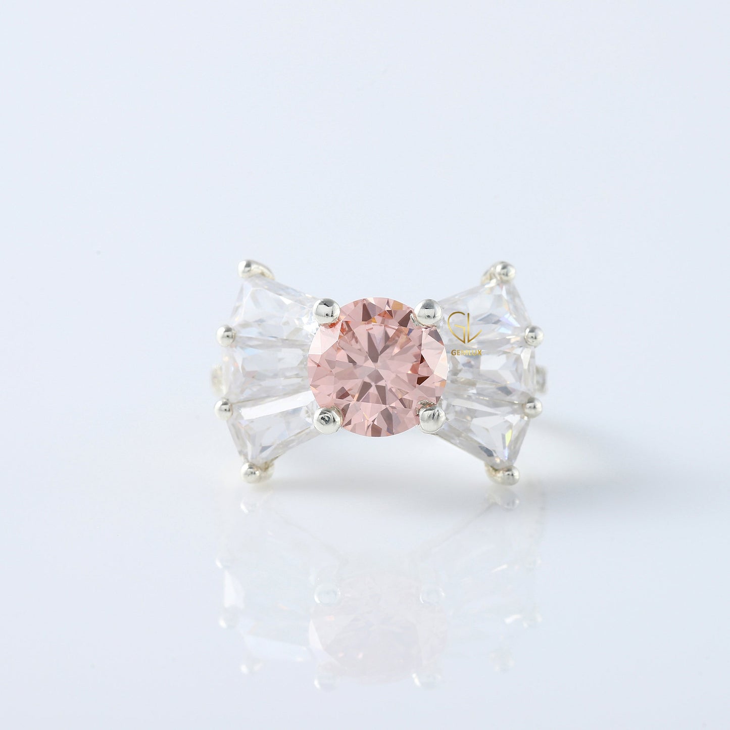 Bow Style Round Cut Morganite Pink Color Lab Grown Diamond Seven Stone Ring